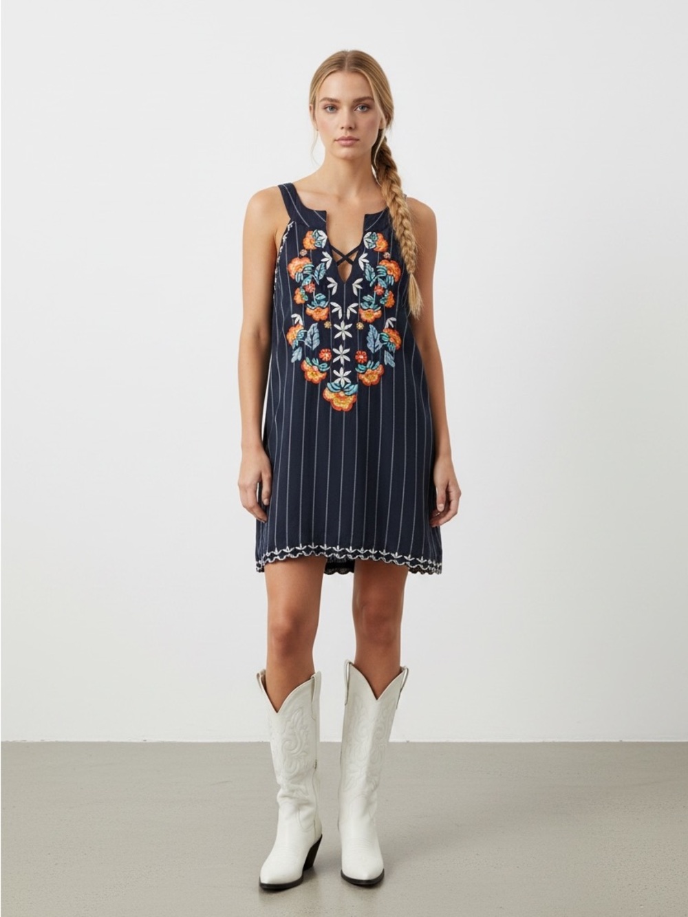 THML Navy Embroidered Pinstripe Mini Dress with Orange & Teal Floral Detail